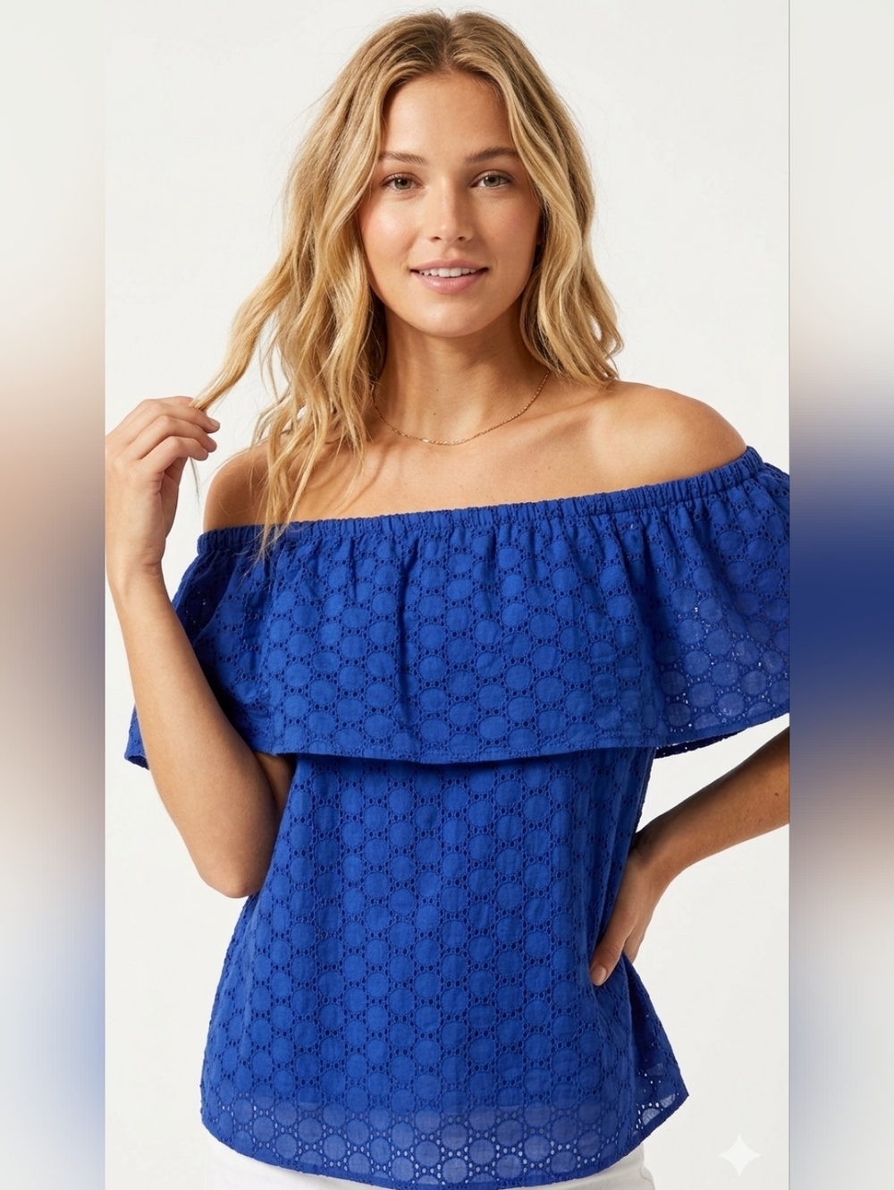 Off-the-Shoulder Eyelet Blouse - Royal Blue